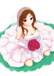  bouquet breasts brown_hair cleavage collarbone dress elbow_gloves flower from_above gloves hair_ornament hairclip highres holding kurohachiboku large_breasts long_hair looking_at_viewer original purple_eyes sitting smile solo veil wedding_dress 