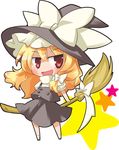  :d asaba_hiromu blonde_hair bow broom chibi hair_bow hair_ribbon hat holding kirisame_marisa long_hair looking_at_viewer open_mouth red_eyes ribbon smile solo touhou witch_hat 