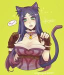  :d animal_ears bell black_hair blush breasts caitlyn_(league_of_legends) cat_ears cat_tail choker cleavage dress envyra green_background green_eyes head_tilt jingle_bell large_breasts league_of_legends open_mouth paw_pose purple_dress simple_background smile solo speech_bubble sweatdrop tail talking teeth upper_body 