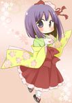  asaba_hiromu chibi hair_ornament hieda_no_akyuu holding japanese_clothes kimono letter looking_at_viewer love_letter lowres purple_eyes purple_hair short_hair smile solo touhou 