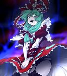  black_panties bow crazy_eyes dress front_ponytail garter_belt green_eyes green_hair hair_bow hair_ribbon kagiyama_hina long_hair matchuri open_mouth panties ribbon solo touhou underwear 