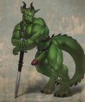  2014 anthro balls darkgem dragon green_dragon horn male muscles penis red_eyes scalie solo straps sword varanis_blackclaw weapon 