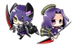  asaba_hiromu black_legwear bow bowtie chibi headgear holding kantai_collection looking_at_viewer machinery mechanical_halo multiple_girls necktie polearm purple_eyes purple_hair school_uniform smile spear sword tatsuta_(kantai_collection) tenryuu_(kantai_collection) thighhighs triangle_mouth turret weapon yellow_eyes zettai_ryouiki 