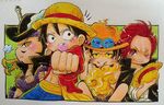  black_hair brothers chibi dracule_mihawk fire freckles graphite_(medium) hat jewelry monkey_d_luffy multiple_boys necklace one_piece onexone open_clothes open_shirt pencil_(medium) portgas_d_ace red_hair red_shirt sash shanks shirt siblings smiley straw_hat topless traditional_media yellow_eyes 