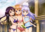  absurdres angora_rabbit animal bikini blue_eyes blue_hair blush breasts brown_hair bunny cleavage detexted flat_chest gochuumon_wa_usagi_desu_ka? gotou_keiji highres hoto_cocoa kafuu_chino long_hair medium_breasts multiple_girls non-web_source official_art open_mouth purple_eyes purple_hair short_hair side-tie_bikini swimsuit tedeza_rize third-party_edit tippy_(gochiusa) twintails water_gun 