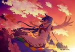  ^_^ blue_hair bow closed_eyes cloud dress happy hinanawi_tenshi long_hair no_hat no_headwear nomu open_mouth outstretched_arms red_sky sky smile solo sunset touhou 