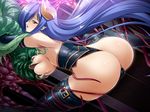  1girl ass back bare_shoulders blue_hair breast_grab breasts breasts_outside elbow_gloves game_cg gloves grabbing hair_over_one_eye horns kara_(monsters_raid) large_breasts legs long_hair monster monsters_raid open_mouth red_eyes spread_legs thighs thong 