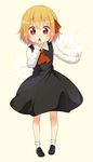  ascot blonde_hair bobby_socks hair_ribbon hand_to_own_mouth highres jigatei_(omijin) loafers open_mouth red_eyes ribbon rumia shoes short_hair socks solo touhou 