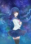  blue_eyes blue_hair danganronpa danganronpa_1 hair_ornament hairclip light_smile long_hair maizono_sayaka night night_sky school_uniform skirt sky solo star_(sky) starry_sky thighhighs unmoving_pattern z-epto_(chat-noir86) 