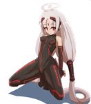  absurdres ahoge bare_shoulders bodysuit breasts covered_nipples elbow_gloves fingerless_gloves gloves hair_tubes highres huge_ahoge infraton long_hair low_twintails red_eyes robot_ears silver_hair small_breasts solo squatting tiptoes twintails under_night_in-birth vatista very_long_hair 