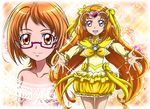  bow brooch brown_eyes brown_hair bubble_skirt choker circlet cure_muse_(yellow) dual_persona earrings eighth_note frills glasses hair_bow hanzou heart jewelry long_hair magical_girl multiple_girls musical_note orange_hair pink-framed_eyewear pink_eyes precure ribbon shirabe_ako short_hair skirt smile suite_precure topless yellow_bow yellow_choker yellow_skirt 