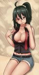  ahoge bangs bare_shoulders bellri_zenam belt black_hair breasts buttons cleavage cowboy_shot cutoffs denim genderswap genderswap_(mtf) gundam gundam_g_no_reconguista hair_between_eyes head_tilt high_ponytail large_breasts light_smile long_hair looking_at_viewer midriff necktie no_bra ponytail red_eyes scrunchie shi-e short_shorts shorts sitting smile solo untied 