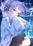  bad_id bad_pixiv_id blue_eyes ene_(kagerou_project) headphones kagerou_project long_hair purple_hair shigure_kio sleeves_past_fingers sleeves_past_wrists solo thighhighs twintails 