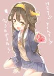  :d absurdres alternate_costume bad_id bad_pixiv_id blazer box brown_eyes brown_hair double_bun floating_heart gift gift_box hairband heart heart-shaped_box highres holding incoming_gift jacket kantai_collection kongou_(kantai_collection) looking_at_viewer neko_sensha open_blazer open_clothes open_jacket open_mouth pleated_skirt school_uniform sitting skirt smile solo sweater translated v-shaped_eyebrows 