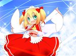  aqua_eyes asaba_hiromu ascot blonde_hair bow day fairy_wings fang hair_bow hair_ribbon hairband lolita_hairband looking_at_viewer outstretched_arms ribbon sky solo sparkle spread_arms sunny_milk touhou two_side_up wide_sleeves wings 