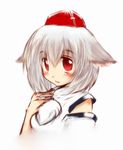  animal_ears bare_shoulders blush detached_sleeves hand_on_own_chest hat inubashiri_momiji looking_at_viewer natui open_mouth pom_pom_(clothes) red_eyes short_hair silver_hair simple_background solo tokin_hat touhou upper_body white_background wolf_ears 