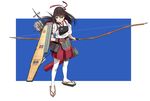 akagi_(kantai_collection) bow_(weapon) brown_eyes brown_hair commentary flight_deck highres japanese_clothes kantai_collection kinosuke_(sositeimanoga) long_hair md5_mismatch muneate pleated_skirt simple_background skirt smile solo thighhighs weapon white_legwear zettai_ryouiki 