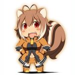  ahoge alternate_costume animal_ears blazblue blush blush_stickers breasts brown_hair chibi glasses gloves highres large_breasts looking_at_viewer makoto_nanaya mirano multicolored_hair navel open_mouth orange_shirt red_eyes shirt short_hair smile solo squirrel_ears squirrel_tail tail two-tone_hair 