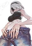  1girl bare_arms blindfold breasts denim from_below hairband impossible_clothes jeans large_breasts midriff navel nier_(series) nier_automata pants parted_lips pungter short_hair signature silver_hair simple_background sleeveless solo unzipped_pants white_background yorha_no._2_type_b 