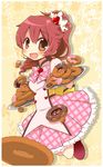  :d asaba_hiromu brown_eyes brown_hair carrying doughnut food hair_ornament idolmaster idolmaster_cinderella_girls long_hair looking_at_viewer open_mouth pleated_skirt ponytail shiina_noriko skirt smile solo tray unmoving_pattern 