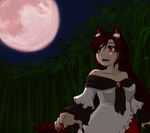  animal_ears bamboo bamboo_forest bare_shoulders brown_hair dress fangs fingernails forest frilled_dress frilled_sleeves frills full_moon fur highres imaizumi_kagerou long_hair long_sleeves moon nail_polish nature night open_mouth red_eyes red_nails sharp_fingernails tail touhou wolf_ears wolf_tail yamazaki_makoto_na 