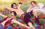  3boys amputee arisue_kanako brothers field flower freckles hat laying lying monkey_d_luffy multiple_boys on_back one_piece open_clothes open_shirt outstretched_arms portgas_d_ace red_hair shanks shirt shorts siblings smile spread_arms vest 