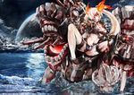  absurdres bikini cannon claws drum_(container) fiery_hair gauntlets glowing glowing_eye hair_over_one_eye highres jacket kantai_collection long_hair midriff moon ocean open_clothes open_jacket pale_skin poyan_noken red_eyes shinkaisei-kan silver_hair solo southern_ocean_war_oni swimsuit twintails water white_skin 