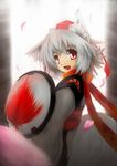  animal_ears bare_shoulders blush cherry_blossoms detached_sleeves fang hat inubashiri_momiji kourindou_tengu_costume leaf_print looking_at_viewer natui open_mouth pom_pom_(clothes) red_eyes shield short_hair silver_hair solo tail tokin_hat touhou wolf_ears wolf_tail 