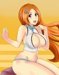  absurdres angel_pena_(angelox) bare_shoulders bleach blush breasts brown_eyes cleavage cleavage_cutout covered_nipples crop_top highres inoue_orihime large_breasts long_hair open_mouth orange_hair panties sitting smile solo striped thighs underwear vertical_stripes 