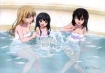  :d ;d absurdres aiba_asagi bathing blonde_hair blue_eyes breasts brown_eyes child cleavage collarbone detexted highres himeragi_yukina legs long_hair medium_breasts minamiya_natsuki multiple_girls naked_towel non-web_source official_art one_eye_closed open_mouth partially_submerged pink_eyes sitting smile splashing strike_the_blood third-party_edit towel water younger 