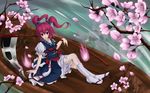 arm_support bakanoe blue_dress boat boots cherry_blossoms coin dress hair_bobbles hair_ornament hitodama obi onozuka_komachi open_mouth red_eyes red_hair reflection sash scythe short_hair sitting solo touhou tree two_side_up wallpaper water watercraft zouri 