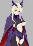  1girl absurdres arm_guards artoria_pendragon_(all) artoria_pendragon_(lancer) artoria_pendragon_(lancer_alter) blonde_hair bodysuit breasts cape cleavage cloak commentary_request eyebrows_visible_through_hair fate/grand_order fate_(series) girdle grey_background hair_between_eyes highres hip_armor hip_vent horns large_breasts lipstick long_hair looking_at_viewer makeup mattari_yufi navel parted_lips shoulder_armor sidelocks solo standing underboob unitard upper_body yellow_eyes 