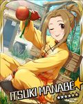  ;p bamboo bench brown_eyes brown_hair character_name chinese_clothes gourd idolmaster idolmaster_cinderella_girls indian_style manabe_itsuki one_eye_closed ponytail sitting solo sun_(symbol) teapot tongue tongue_out 