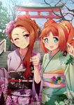  3; alternate_hairstyle aqua_eyes brown_hair charm_(object) flower hair_ornament hashibuto idolmaster idolmaster_(classic) japanese_clothes kimono looking_at_viewer minase_iori multiple_girls obi one_eye_closed open_mouth orange_hair purple_eyes sash takatsuki_yayoi torii twintails yukata 