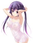  1girl armpits arms_up blush breasts female gochuumon_wa_usagi_desuka? hair_ornament hairclip large_breasts long_hair looking_at_viewer navel nightgown nipples no_bra no_panties purple_eyes purple_hair riki_(archf) see-through simple_background solo tedeza_rize twintails white_background 