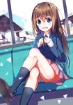  black_legwear blue_eyes blush brown_hair crossed_legs earbuds earphones earphones_removed henet_hene long_hair open_mouth panties pantyshot pantyshot_(sitting) school_uniform sitting skirt socks solo underwear white_background 