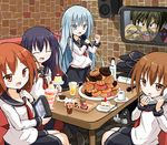  ^_^ akatsuki_(kantai_collection) bendy_straw bird black_hair brick_wall brown_eyes brown_hair cake camera cherry_blossoms closed_eyes corded_phone cup doughnut drinking drinking_straw failure_penguin fang food fork fruit hat hat_removed headwear_removed hibiki_(kantai_collection) highres ikazuchi_(kantai_collection) inazuma_(kantai_collection) indoors kantai_collection karaoke loafers long_hair microphone miss_cloud mug multiple_girls neckerchief open_mouth pantyhose penguin phone pudding red_neckwear school_uniform serafuku shoes short_hair skirt slice_of_cake smile spoon strawberry strawberry_shortcake talking_on_phone translation_request yamato_tachibana 