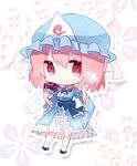  chibi cuivre fan folding_fan hat holding looking_at_viewer mob_cap pink_eyes pink_hair saigyouji_yuyuko short_hair smile solo touhou triangular_headpiece 