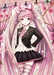  blush bow cropped_jacket danganronpa fake_horns hair_bow hairband hand_on_hip jacket long_hair open_clothes open_jacket pink_eyes pink_hair skirt smile solo striped striped_legwear thi_fure thighhighs twintails utsugi_kotoko very_long_hair zettai_ryouiki zettai_zetsubou_shoujo 