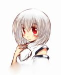  bare_shoulders blush detached_sleeves humanization inubashiri_momiji looking_at_viewer natui no_animal_ears no_hat no_headwear open_mouth pom_pom_(clothes) red_eyes short_hair silver_hair simple_background solo touhou upper_body white_background 