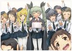  anchovy anzio_school_uniform arm_around_shoulder belt beret birthday birthday_cake black_hair black_skirt blonde_hair blush braid brown_eyes brown_hair cake candle cape carpaccio closed_eyes food gelato_(girls_und_panzer) girls_und_panzer glasses green_eyes green_hair hair_ornament hairclip hat holding long_hair multiple_girls necktie open_mouth panettone_(girls_und_panzer) pantyhose pepperoni_(girls_und_panzer) pleated_skirt ponytail school_uniform short_hair single_braid skirt smile solokov_(okb-999) v white_background white_legwear 