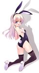  animal_ears ass bare_shoulders black_legwear blue_eyes blush breasts bunny_ears bunny_girl bunny_tail bunnysuit covered_nipples eila_ilmatar_juutilainen fang hayakawa_harui high_heels highres long_hair looking_at_viewer md5_mismatch open_mouth shoe_dangle silver_hair simple_background small_breasts solo strike_witches tail thighhighs white_background world_witches_series wrist_cuffs 