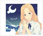  aco_(brcl97) blonde_hair blue_eyes character_name hands_together long_hair marnie moon ocean omoide_no_marnie puffy_sleeves short_sleeves smile solo water 