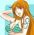  ;) angel_pena_(angelox) bikini_top breasts brown_eyes cleavage large_breasts long_hair nami_(one_piece) one_eye_closed one_piece open_mouth orange_hair smile solo tattoo underboob upper_body 