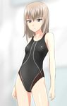  blue_eyes breasts competition_swimsuit cowboy_shot girls_und_panzer highres itsumi_erika one-piece_swimsuit short_hair silver_hair small_breasts standing swimsuit takafumi 