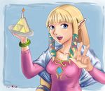  angel_pena_(angelox) blonde_hair blue_eyes bracelet breasts cake capelet food hair_ribbon highres jewelry long_hair low-tied_long_hair pointy_ears princess_zelda ribbon sidelocks small_breasts solo the_legend_of_zelda the_legend_of_zelda:_skyward_sword triforce v 