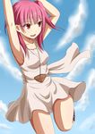  :d armpits dress hands_up highres jewelry kurohachiboku looking_at_viewer magi_the_labyrinth_of_magic morgiana one_side_up open_mouth pendant pink_hair red_eyes smile solo 