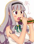  bread cheese eating food hairband idolmaster idolmaster_(classic) lettuce long_hair momo_(fruits_box) open_mouth red_eyes sandwich shijou_takane silver_hair solo 