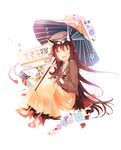  animal_ears bad_id bad_pixiv_id brown_hair crying flower fox_ears fox_tail full_body hakama hat highres holding japanese_clothes kirero locomotive looking_at_viewer open_mouth oriental_umbrella original peaked_cap shoes simple_background sitting smile solo tail umbrella white_background yellow_hakama 
