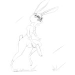  action_pose anthro black_and_white breasts claws cleavage clothed clothing disney female gun handgun holding_object holding_weapon judy_hopps jumpsuit lagomorph line_art mammal monochrome on_one_leg pistol pose rabbit ranged_weapon running simple_background solo standing tight_clothing toe_claws w4g4 weapon white_background zootopia 